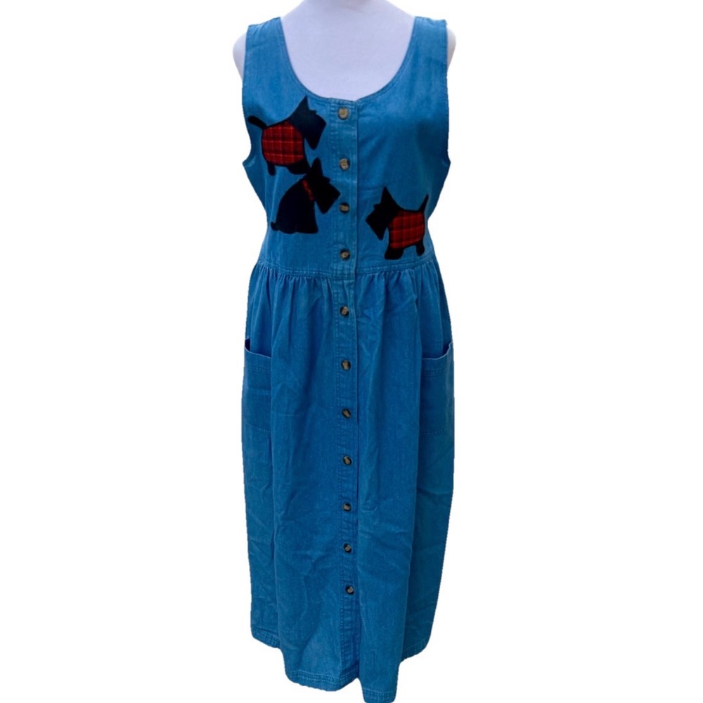 Vintage 90s Denim Maxi Jumper Patio Dress Women S Scottie Dogs‎ Mrs Roper Romp